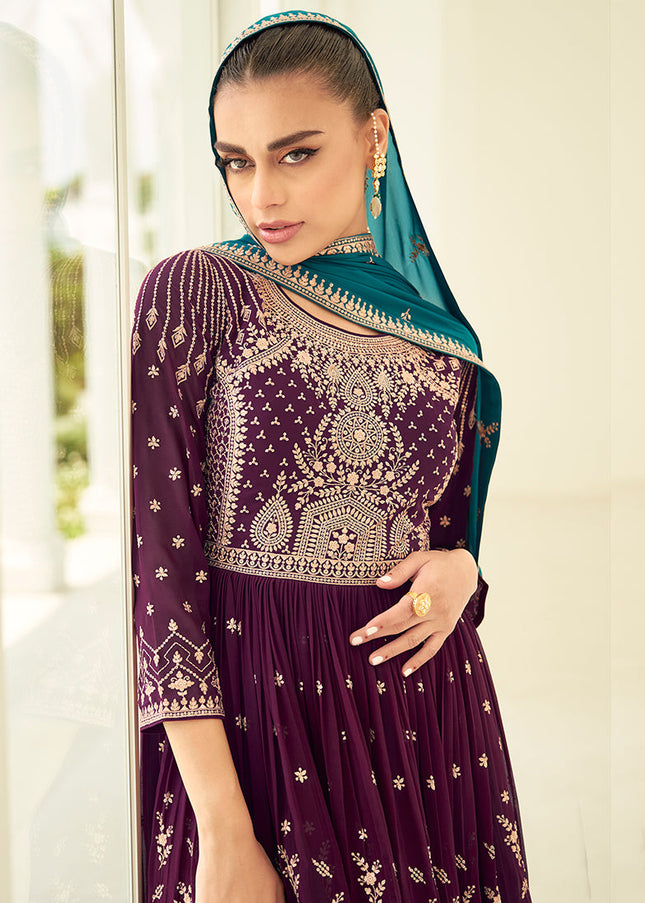 Purple and Teal Blue Embroidered Sharara Suit