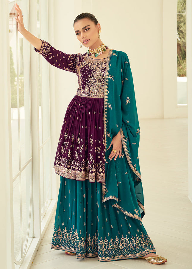 Purple and Teal Blue Embroidered Sharara Suit