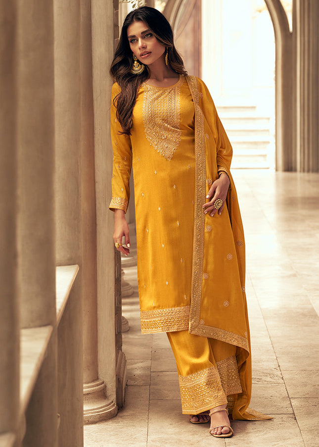 Yellow Embroidered Pant Style Suit