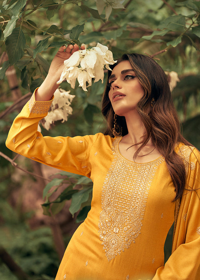 Yellow Embroidered Pant Style Suit