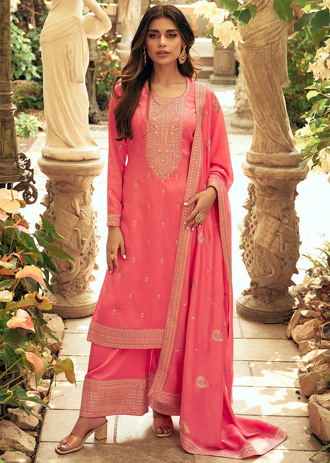 Peach Embroidered Pant Style Suit