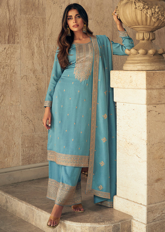 Sky Blue Embroidered Pant Style Suit