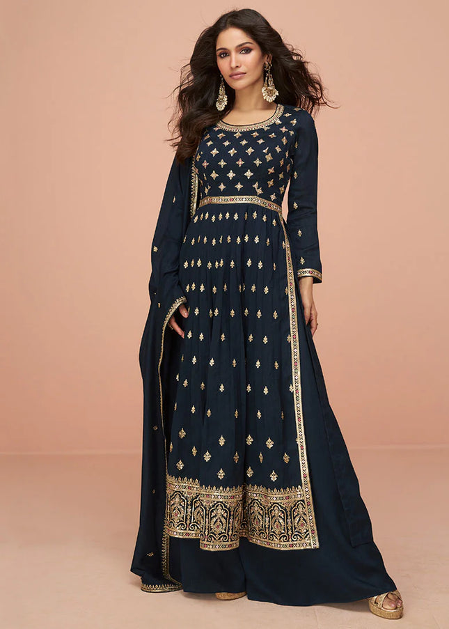 Navy Blue Embroidered Slit Style Palazzo Suit
