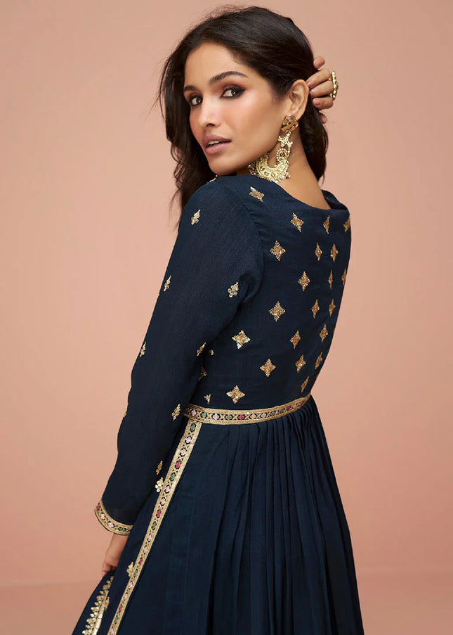 Navy Blue Embroidered Slit Style Palazzo Suit