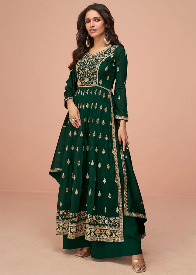 Deep Green Embroidered Slit Style Palazzo Suit
