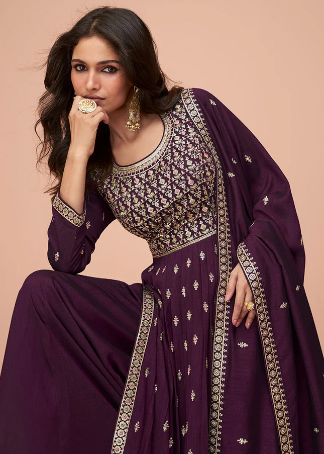 Purple Embroidered Slit Style Palazzo Suit