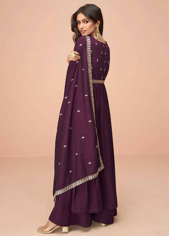 Purple Embroidered Slit Style Palazzo Suit