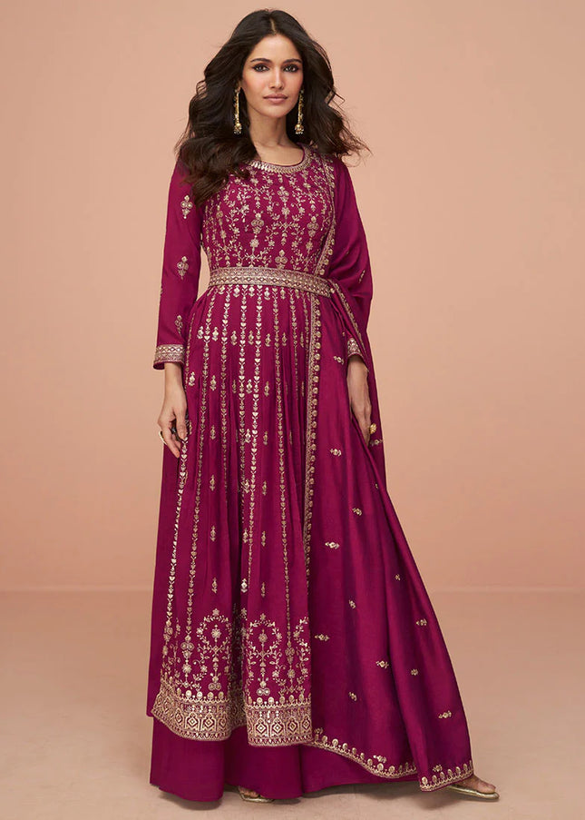 Magenta Embroidered Slit Style Palazzo Suit