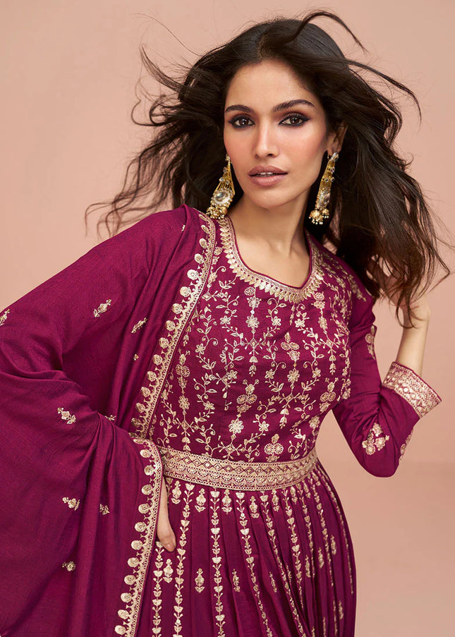 Magenta Embroidered Slit Style Palazzo Suit