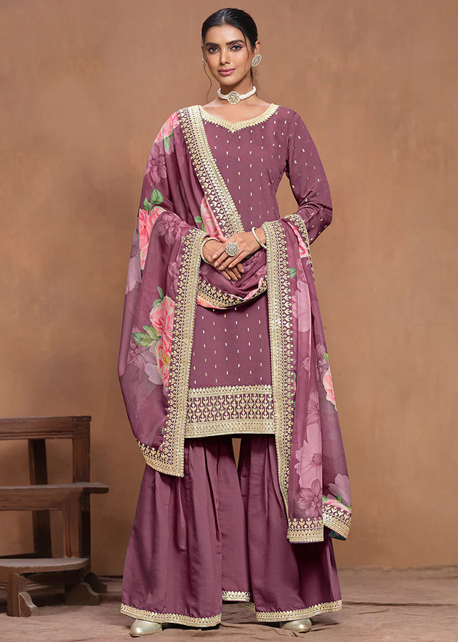 Purple Embroidered Gharara Suit