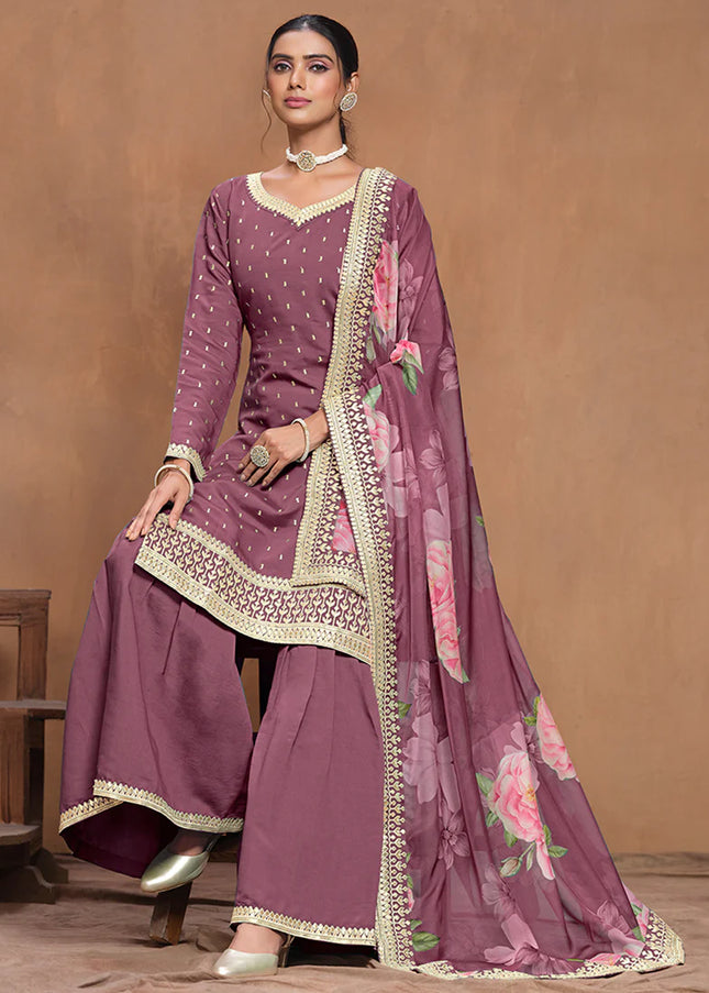 Purple Embroidered Gharara Suit