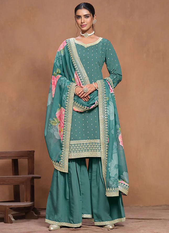 Blue Embroidered Gharara Suit