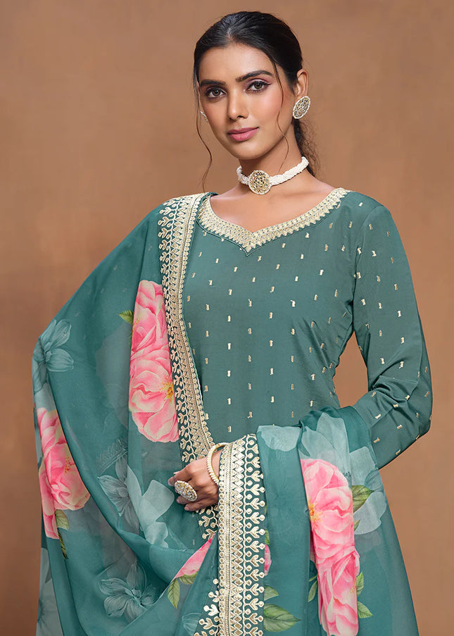 Blue Embroidered Gharara Suit