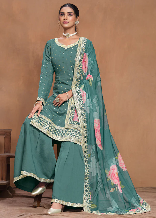 Blue Embroidered Gharara Suit