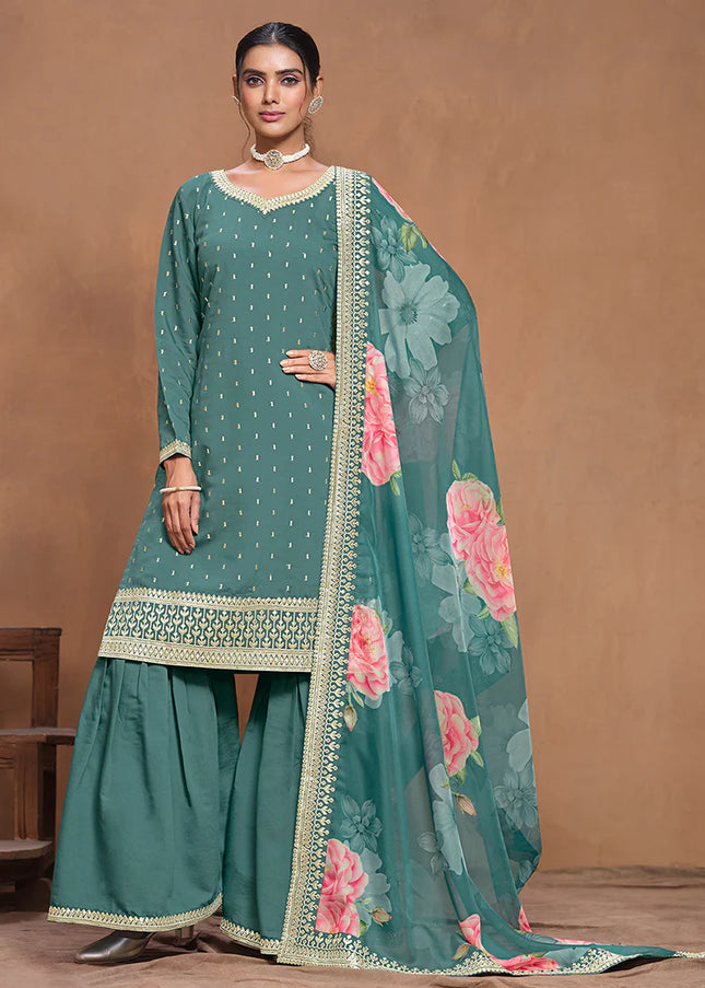 Blue Embroidered Gharara Suit