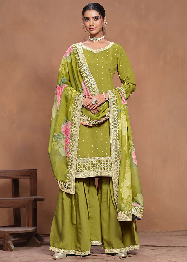 Green Embroidered Gharara Suit