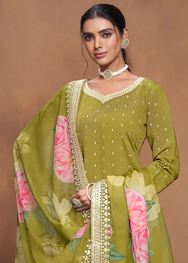 Green Embroidered Gharara Suit