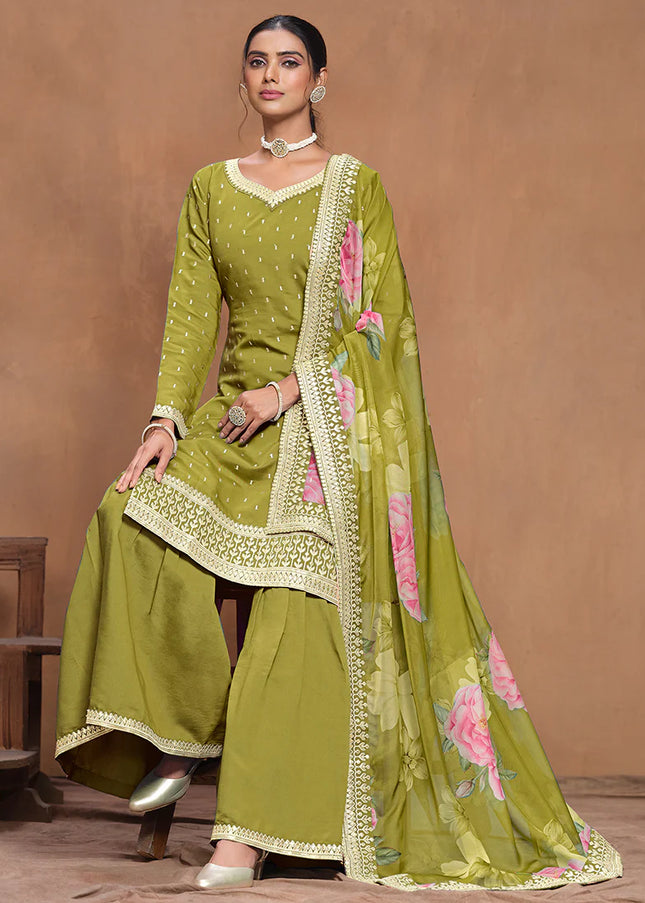 Green Embroidered Gharara Suit