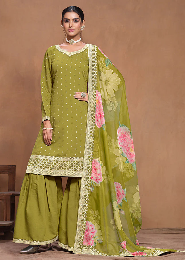 Green Embroidered Gharara Suit