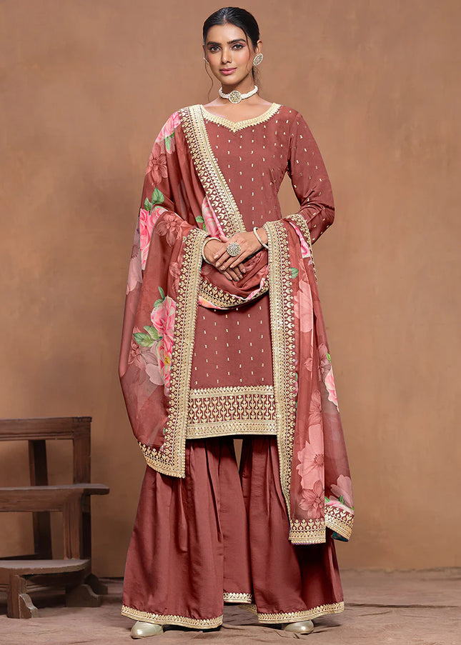 Rust Embroidered Gharara Suit