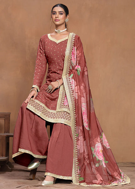 Rust Embroidered Gharara Suit