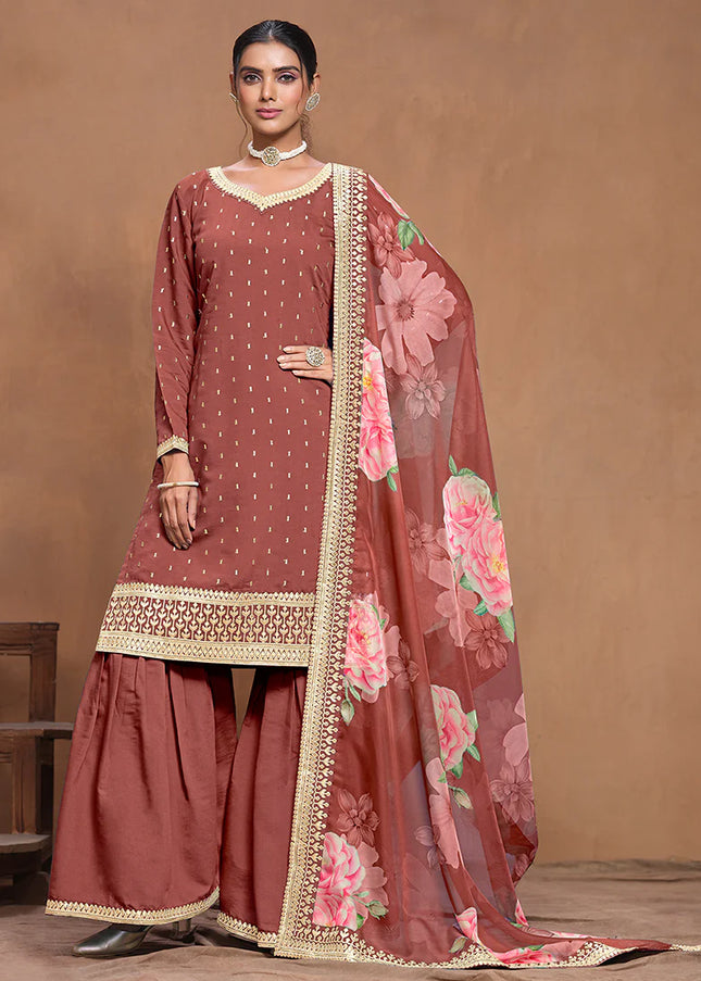 Rust Embroidered Gharara Suit