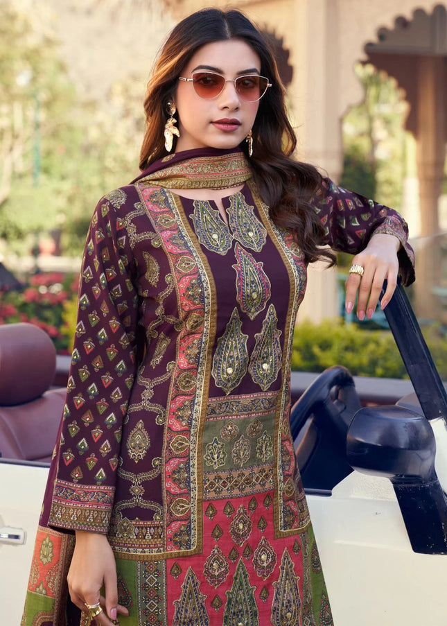 Purple Printed and Embroidered Pant Suit