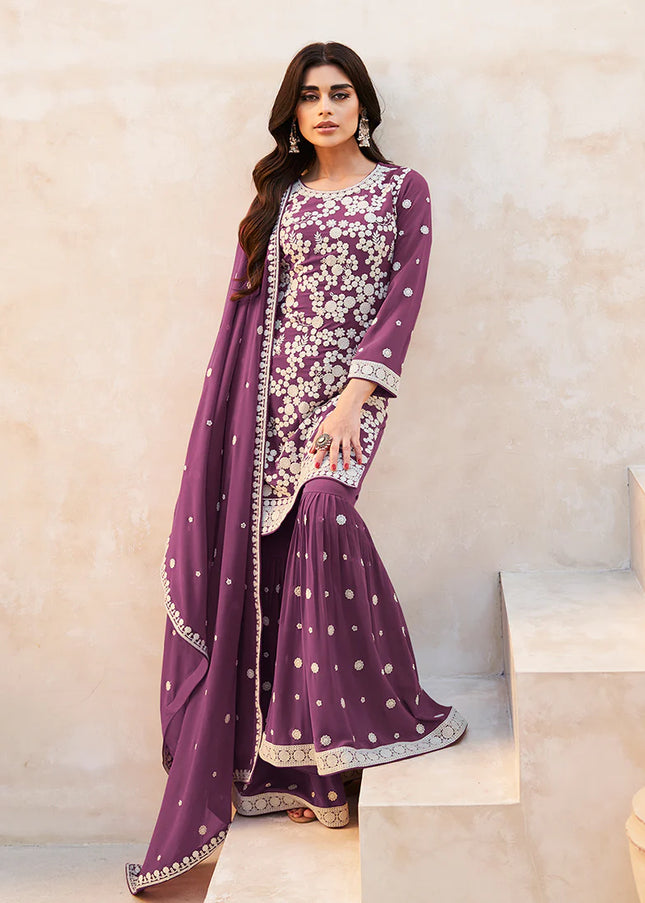 Purple Embroidered Gharara Suit