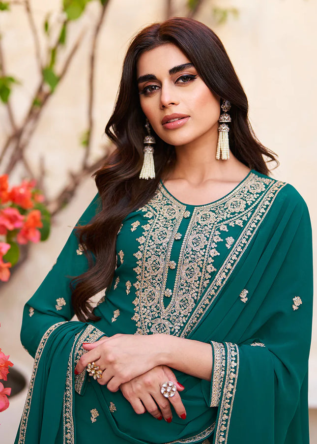 Teal Green Embroidered Gharara Suit