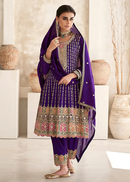 Violet and Gold Peplum Style Salwar Pant Suit
