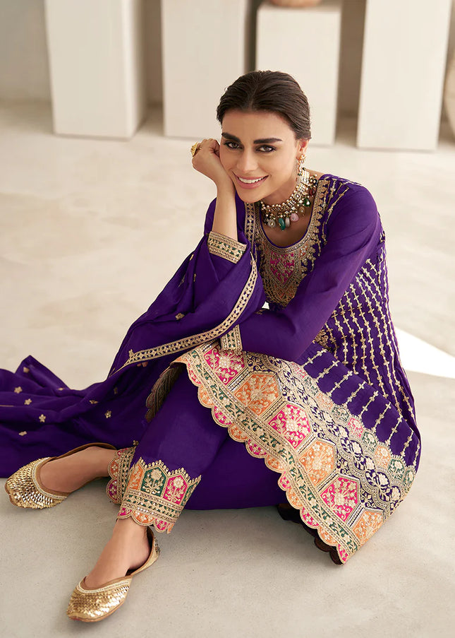 Violet and Gold Peplum Style Salwar Pant Suit
