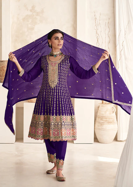 Violet and Gold Peplum Style Salwar Pant Suit