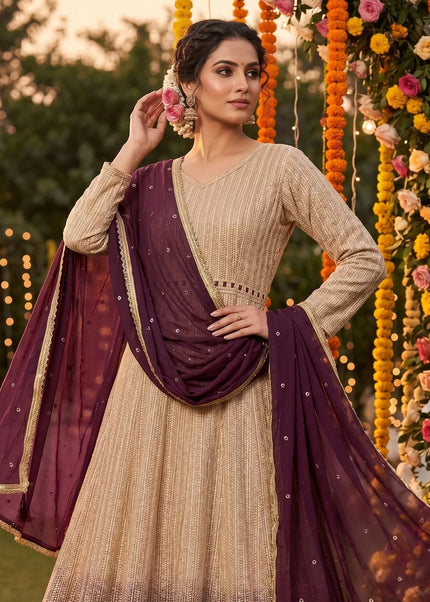 Beige Embroidered Anarkali Gown