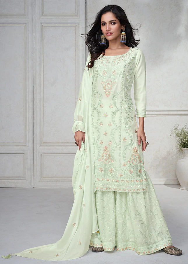 Mint Green Embroidered Gharara Suit