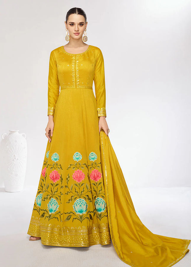 Yellow Floral Embroidered Anarkali Gown