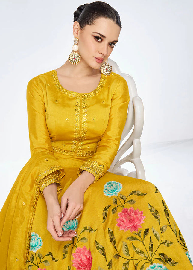Yellow Floral Embroidered Anarkali Gown