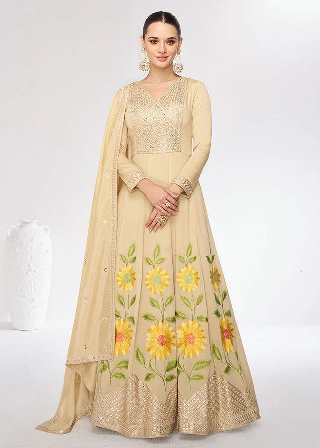 Beige Floral Embroidered Anarkali Gown