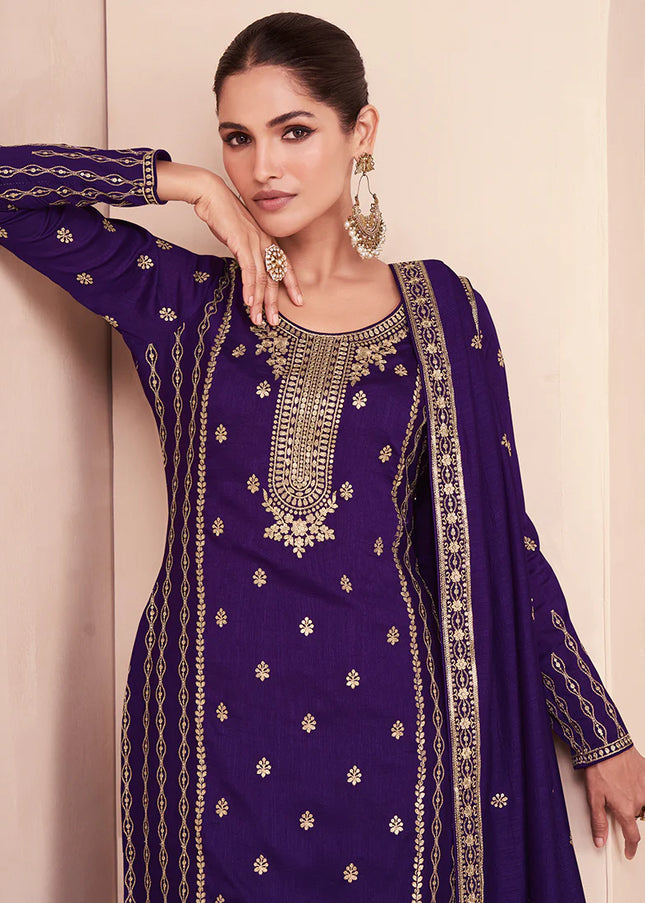 Violet and Gold Embroidered Palazzo Suit