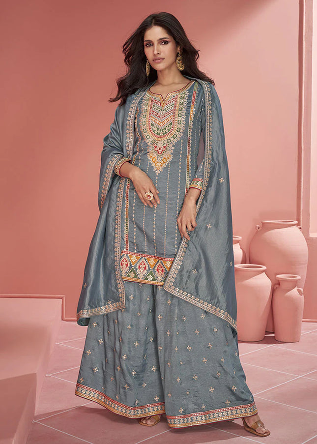 Blue Grey Multi Embroidered Palazzo Suit
