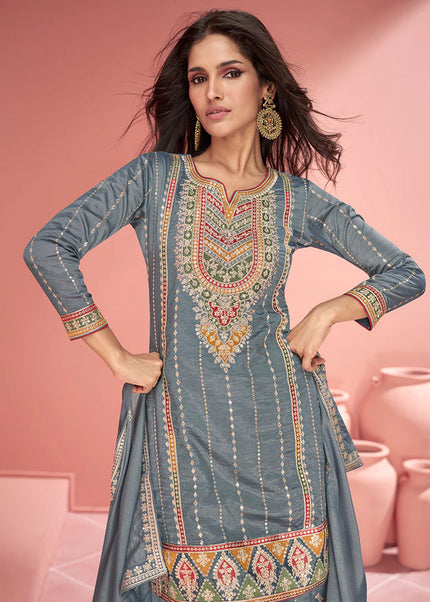 Blue Grey Multi Embroidered Palazzo Suit