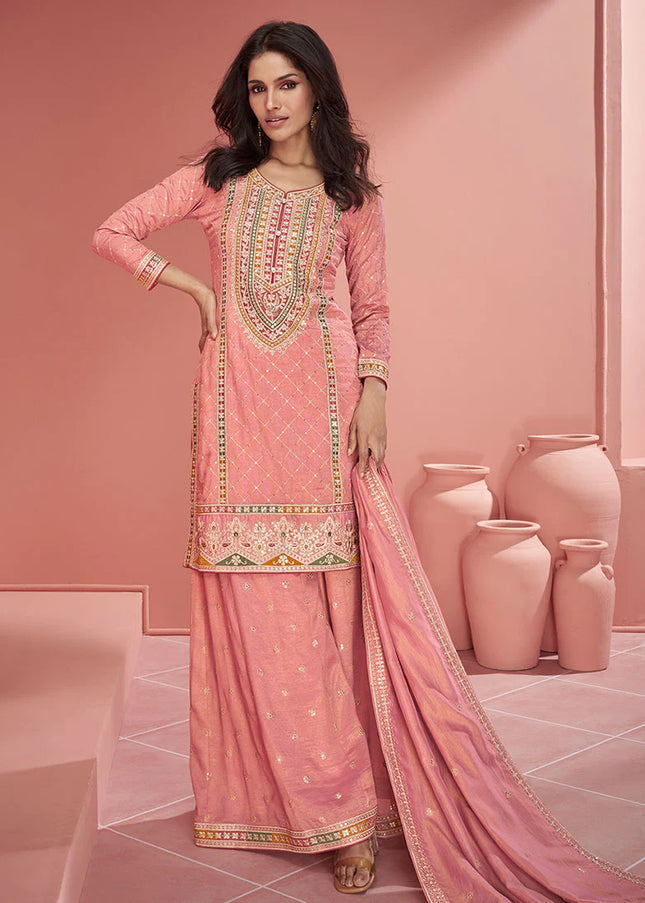 Peach Multi Embroidered Palazzo Suit