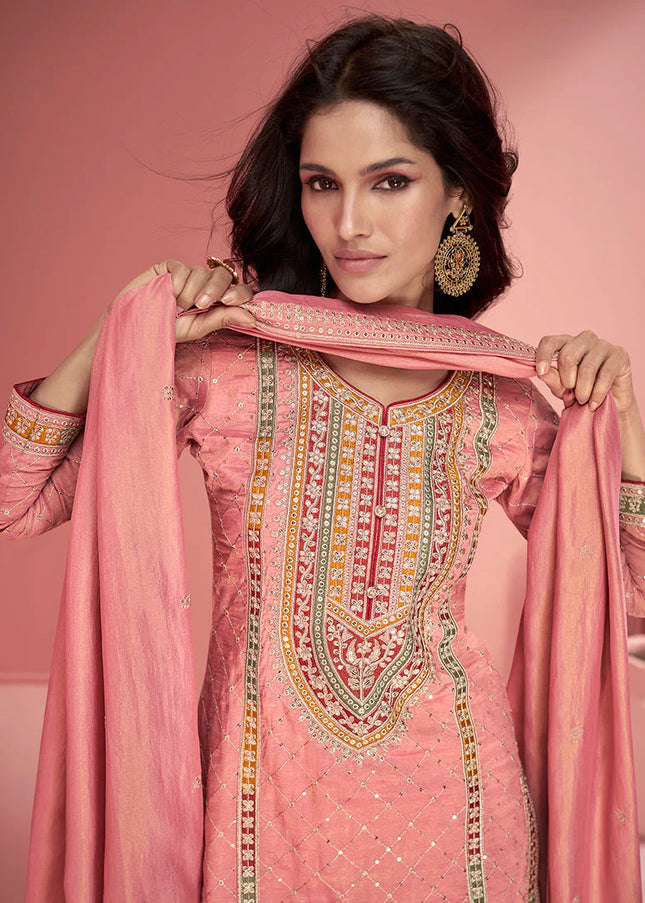 Peach Multi Embroidered Palazzo Suit