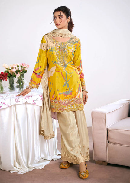 Yellow and Cream Printed and Embroidered Sharara Suit