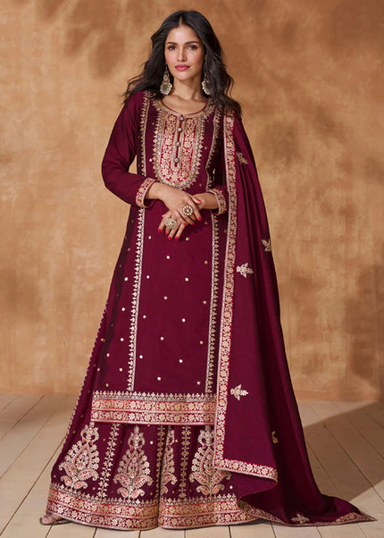 Maroon Multi Embroidered Palazzo Suit