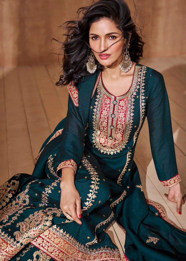 Dark Teal Multi Embroidered Palazzo Suit