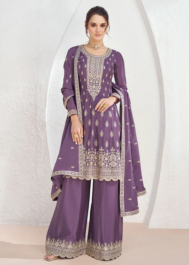 Purple Embroidered Palazzo Suit