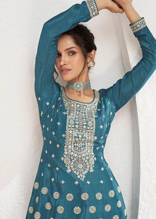 Teal Embroidered Palazzo Suit