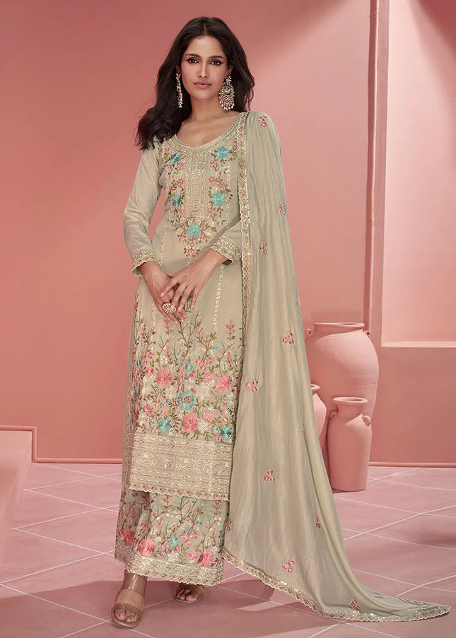 Light Beige Floral Embroidered Palazzo Suit