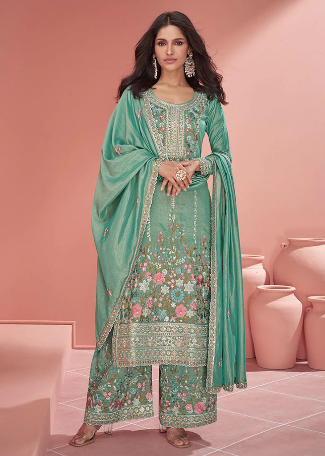 Light Green Floral Embroidered Palazzo Suit