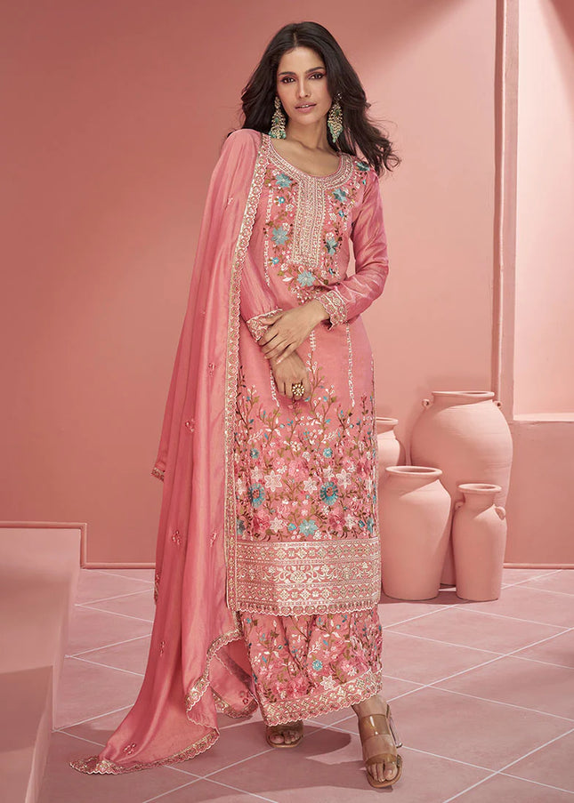 Light Pink Floral Embroidered Palazzo Suit